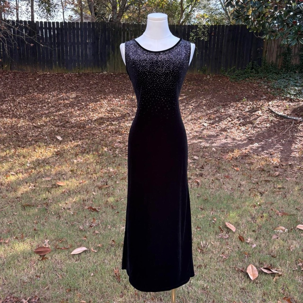 90s vintage black velvet rhinestone maxi dress / gown by Korica 📞